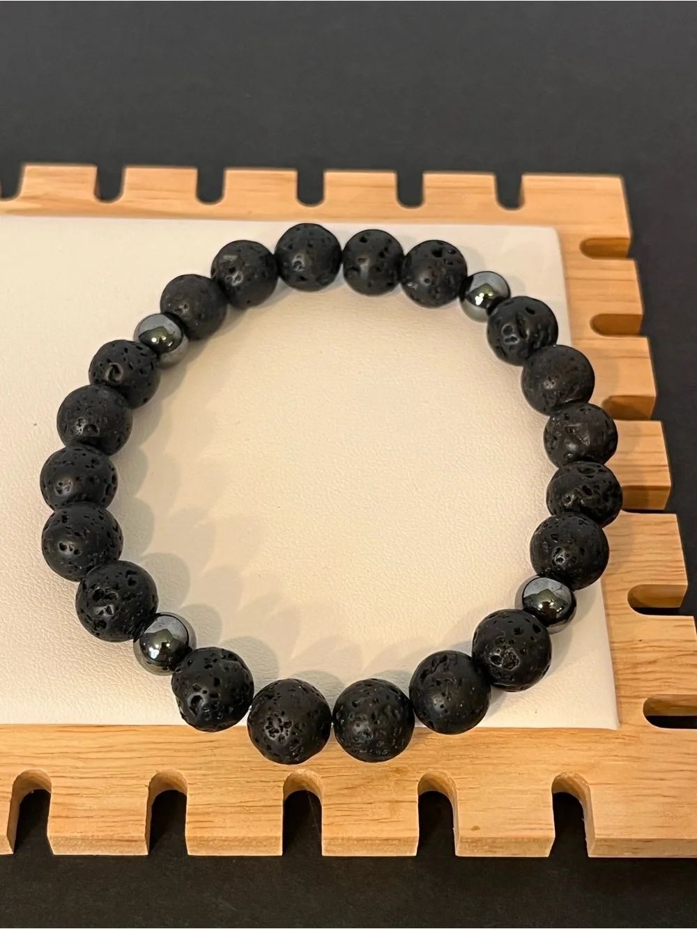 Extra Large Mens Black Lava Stone Beaded Bracelet with Hematite Accents